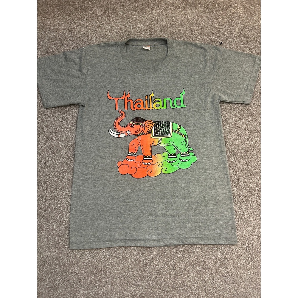 Request Thailand Elephant Graphic T-Shirt Mens L Gray Excellent Rainbow Souvenir